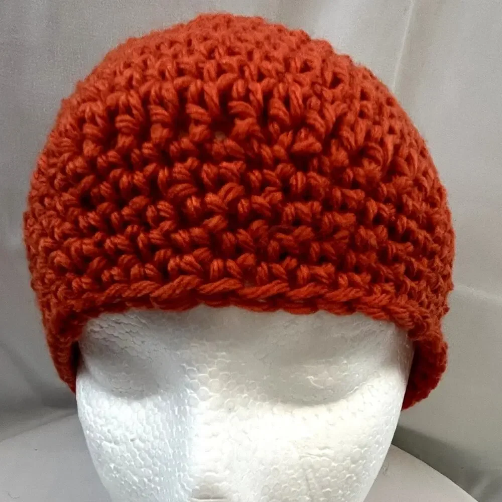 SKU 2180 Handmade Hand Crocheted Bright Orange Beanie Cap Hat 9x7